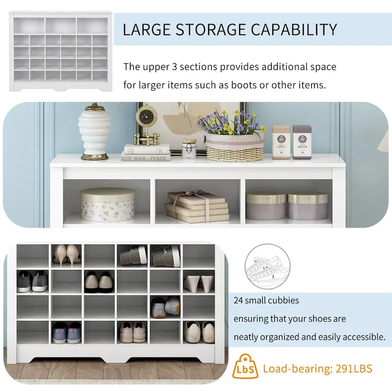 24-Cubby Shoe Cabinet with Curved Base, Versatile Sideboard