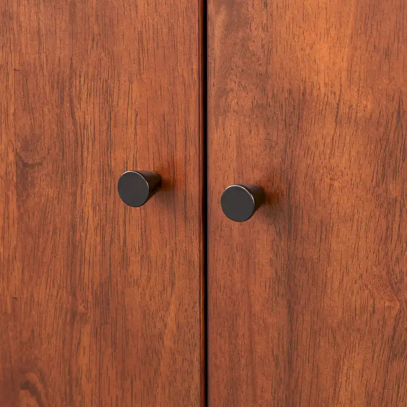 2-Door Buffet Sideboard – Tobacco Brown, Acacia Veneer & Rubberwood, Black Metal Knobs, Mid-Century Modern Style