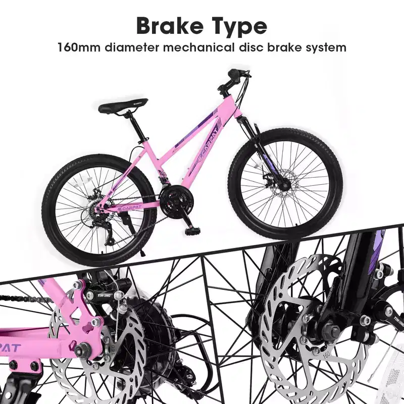 Okak 24/26IN Mountain Bike with 21 Speeds and Dual Disc Brakes, Kids Bike with 100mm Front Suspension, Dirt Bike for Teenagers and Women