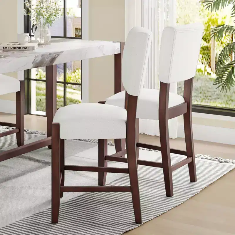 Set of 2 Mid-Century Modern Bar Stools with Linen Upholstery and 40.4 Height