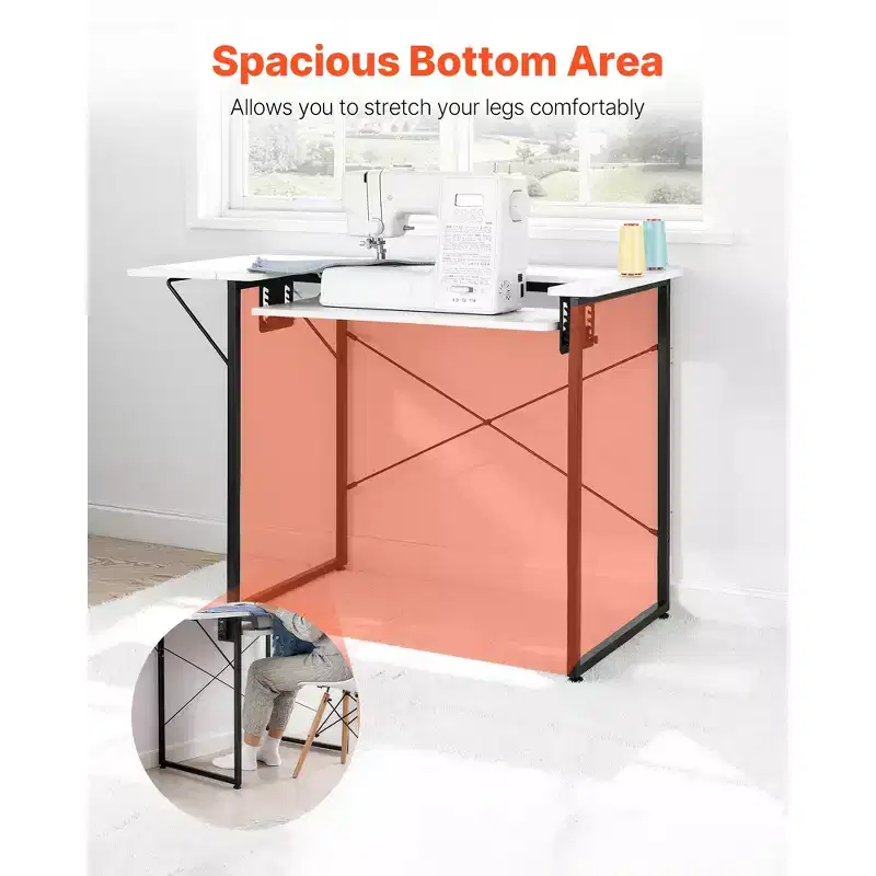 Multipurpose Sewing Table with Foldable Shelf & Steel Legs, White
