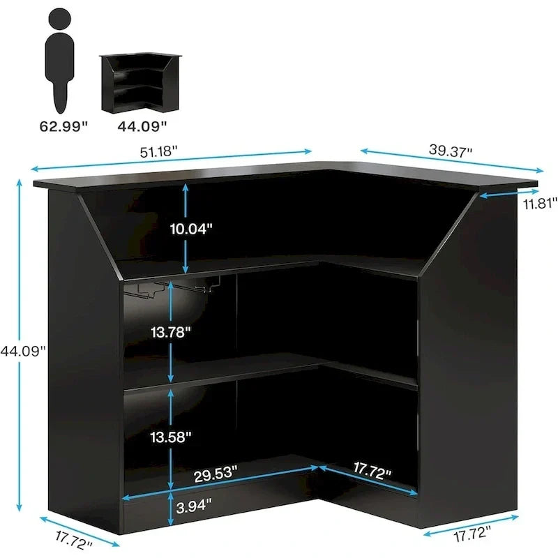 L-Shaped Bar Cabinet with Stemware Racks for Home Pub