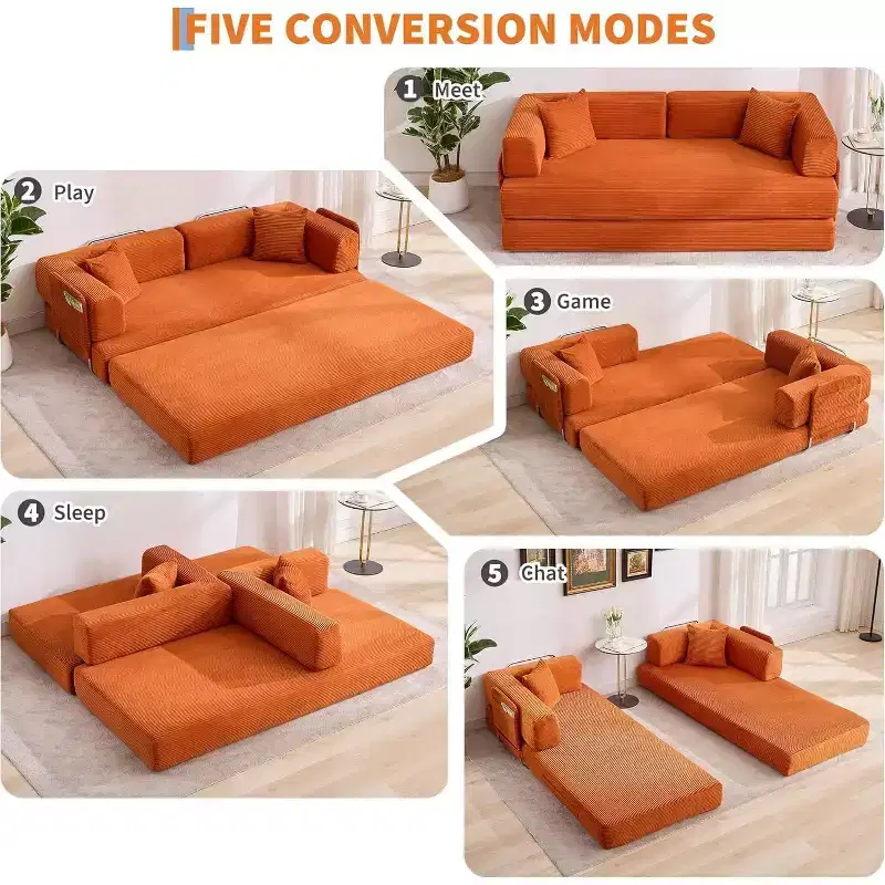 Convertible Couch, Folding Sofa Bed with 2 Pillows, Plush Corduroy Boneless Convertible Sofa, No Assembly Required for Living Room, Bedroom