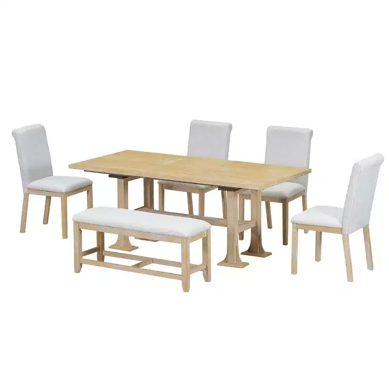 6 Pieces Dining Table Set with Bench for 6, Kitchen Table Set with Storage Drawer and 4 Upholstered Dining Chairs