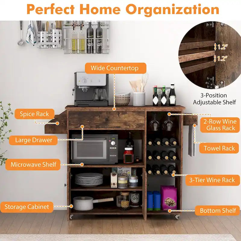 Kitchen Island Cart – White / Brown / Black, Drop-Leaf, Power Outlet, Wine Rack, Microwave Shelf, Casters