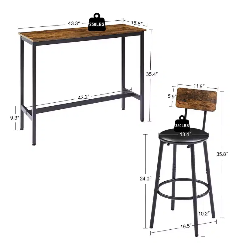 GDFStudio Briar 3 Piece Rustic Bar Table Set with Faux Leather Upholstered Bar Stools
