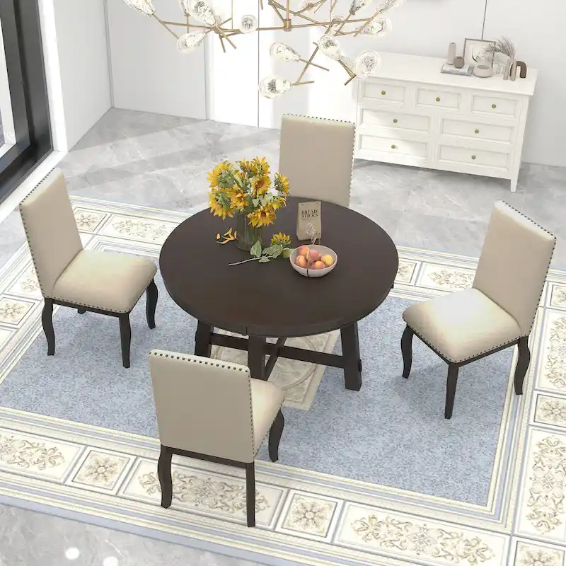 5 Piece Dining Table Set, Wooden Round Kitchen Dining Table Set with Extendable Dining Table and 4 Upholstered Dining Chairs