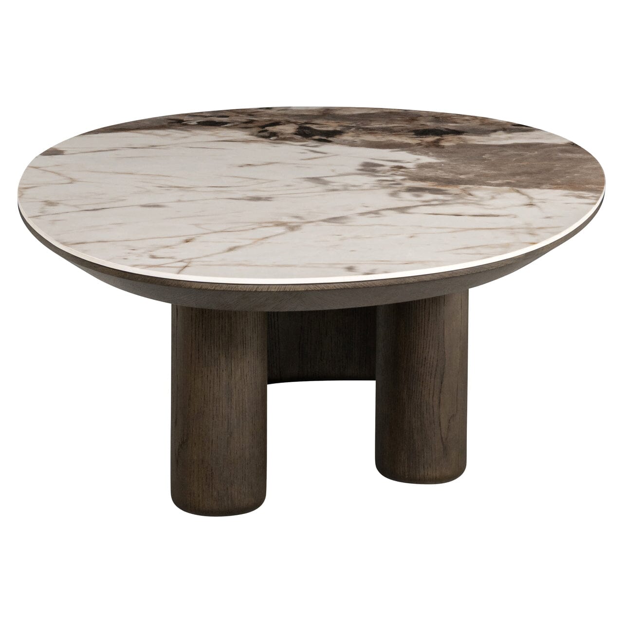 Brown Oak Veneer Oval Coffee Table with Faux Marble Top