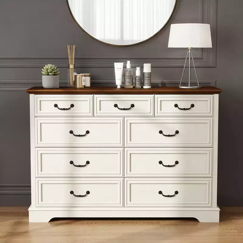 9 Drawer Farmhouse Dresser, Rustic Chest of Drawers with Ample Storage, Solid Wood Look & Metal Handles, Bedroom Clothes Organizer