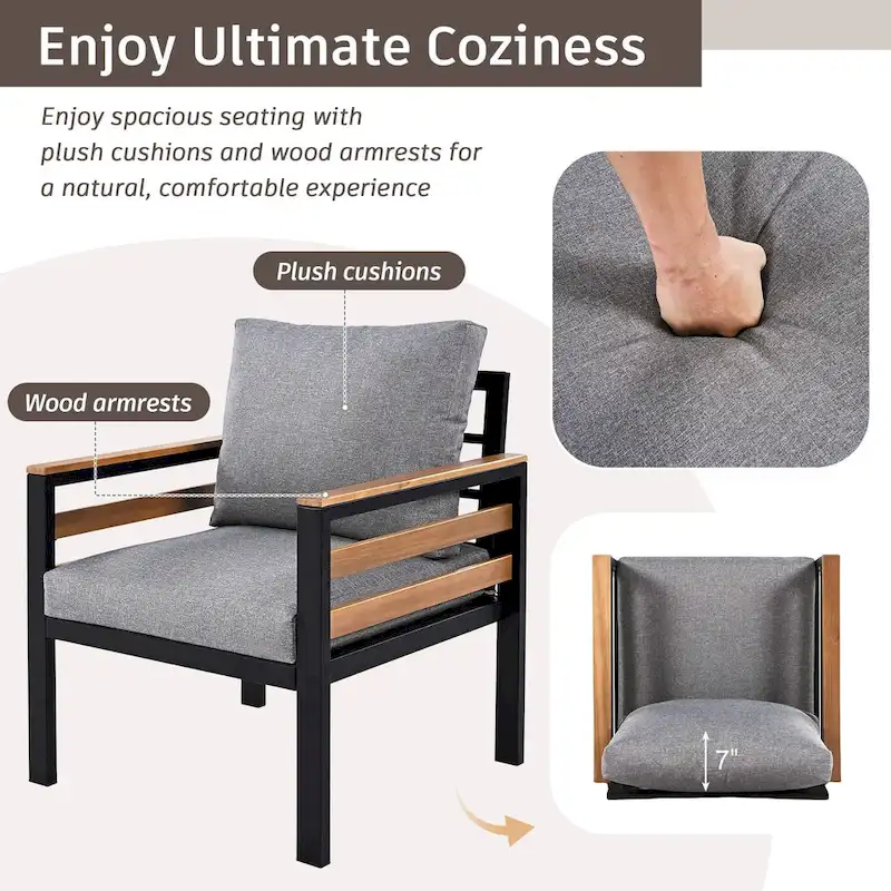 4-Piece Outdoor Sofa Set for 5 with Solid Wood Coffee Table and Removable Cushions