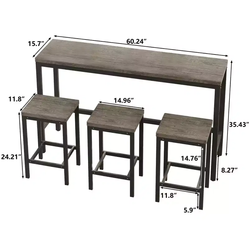4-Piece Bar Table Set, Modern Rectangular Pub Table & 3 Stools, for Kitchen, Breakfast Nook, Living Room, Apartment  Brown & Gray