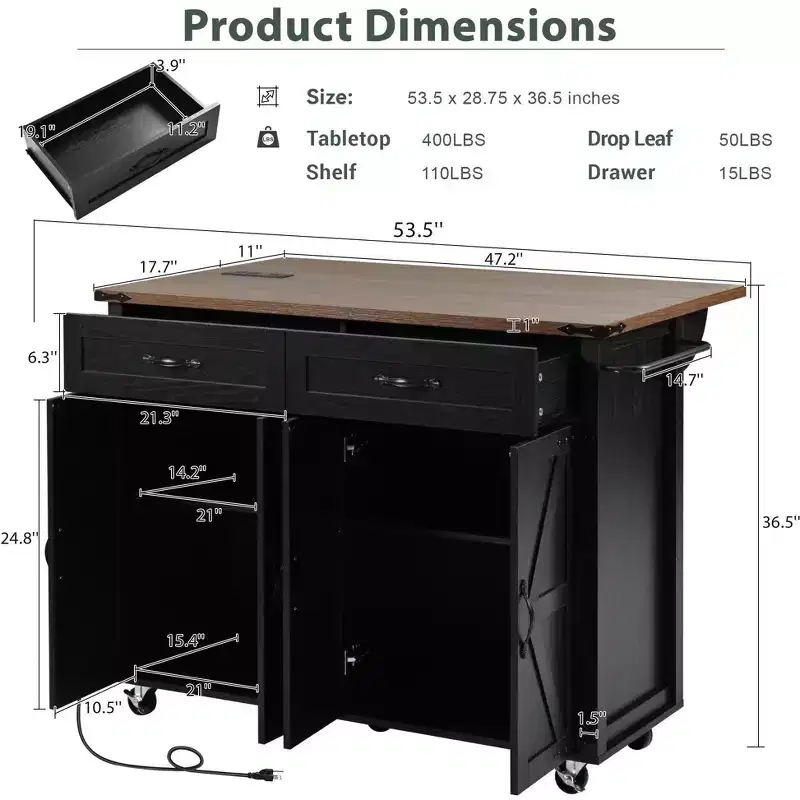 Kitchen Island with Power Outlet, Drop Leaf, Spice Rack & Drawer
