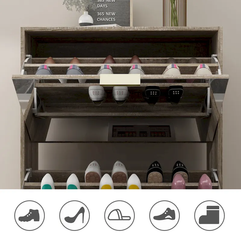 Shoe Cabinet with 3 Mirrored Flip Drawers, Free Standing Slim