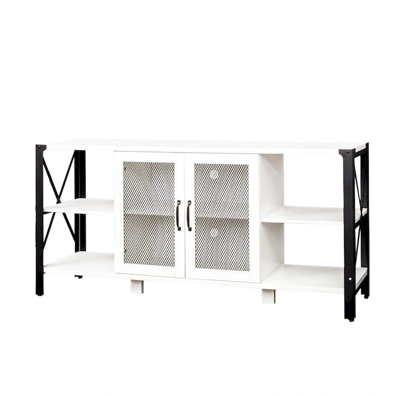 80-Inch Industrial TV Stand – Espresso / Walnut / White, Wood & Metal, Open Shelving with Mesh Door
