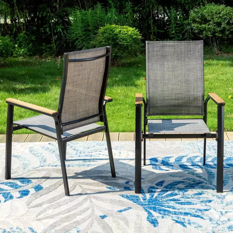 Captiva Designs 7pc Patio Slat-top Adjustable Rectangular Table & Gray Textilene Aluminum Chairs
