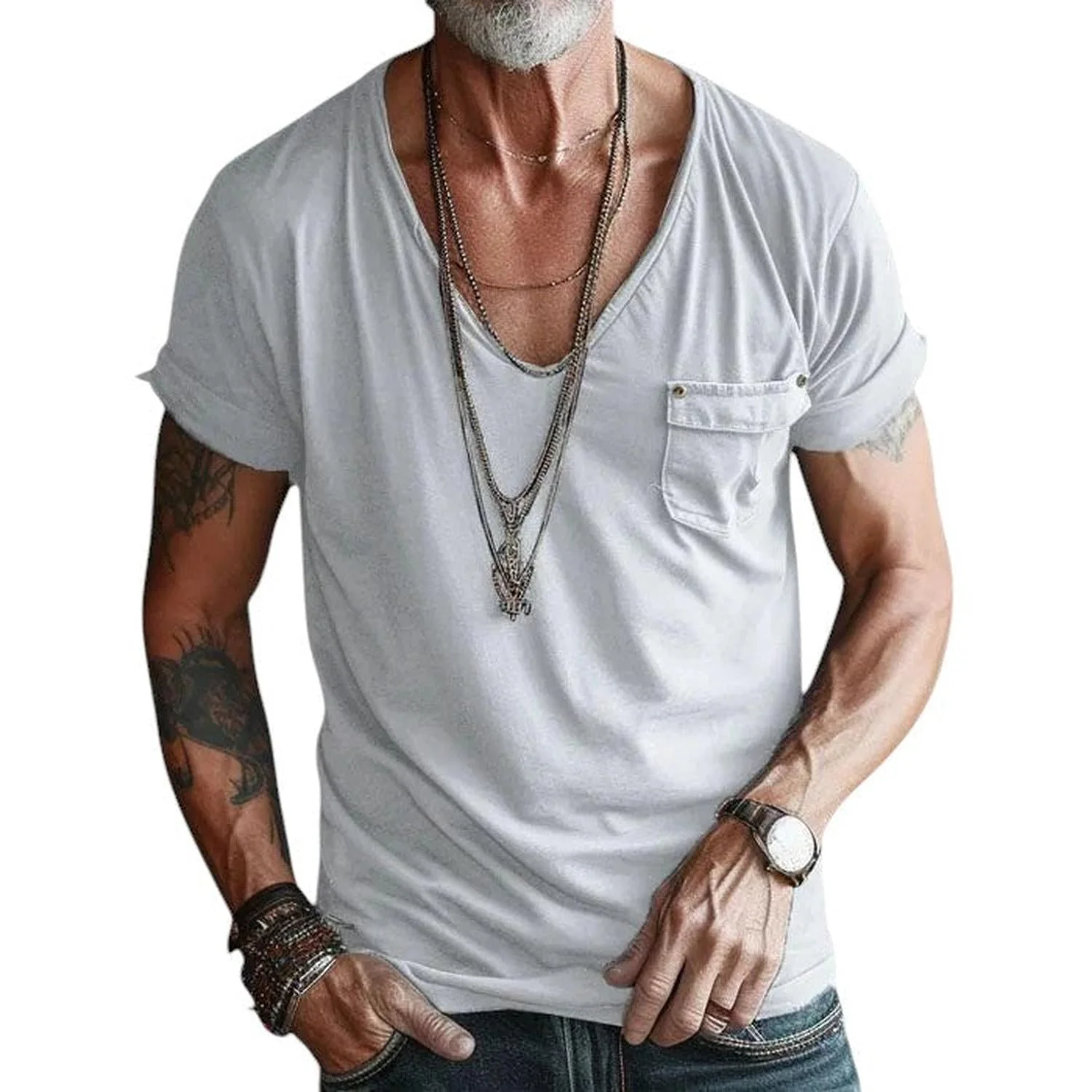 T-Shirt Men V-Neck Short Sleeve Rolled Cuffs Chest Pocket Casual Fit