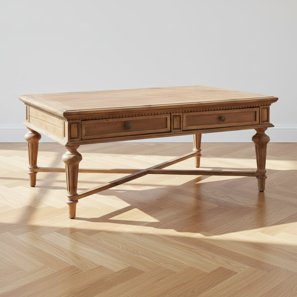 Rectangular Wood Coffee Table &ndash; Natural Finish, Traditional Style, 2-Drawer Storage, Seats 1