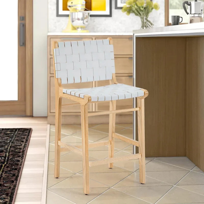 Woven Leather Counter Height Bar Stool, Ash Wood Frame, No Assembly