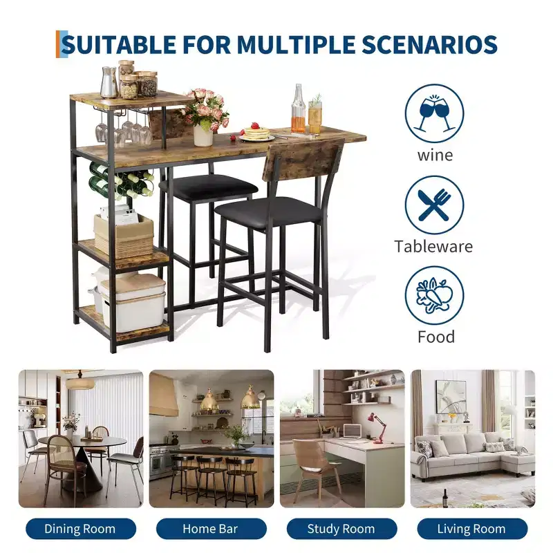 Dining Table Set for 2, Kitchen Table and Chairs, Bar Table Set with 2 Bar Stools, 3 Piece Dining Room Table Set for Small Space, Apartment