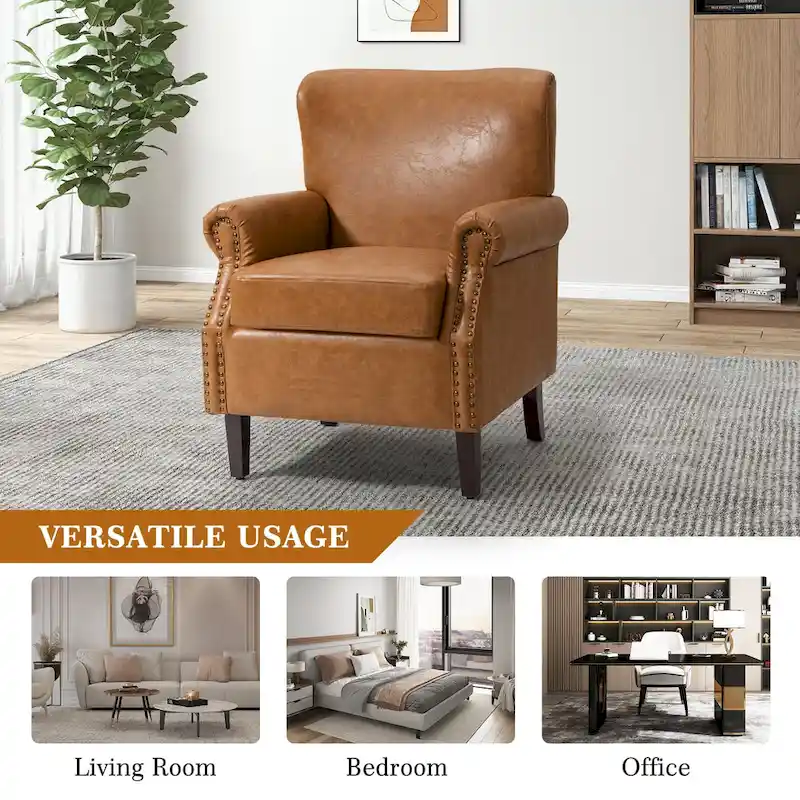 Transitional Leather Armchair with Nailhead Trim Rolled Arms