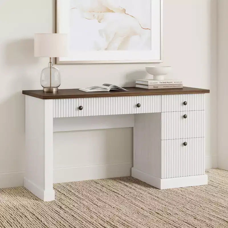 Fluted Home Office Desk Storage, 54 Modern Executive Desk with Charging Station, Wooden Computer Writing Desk with File Drawers for Study Room