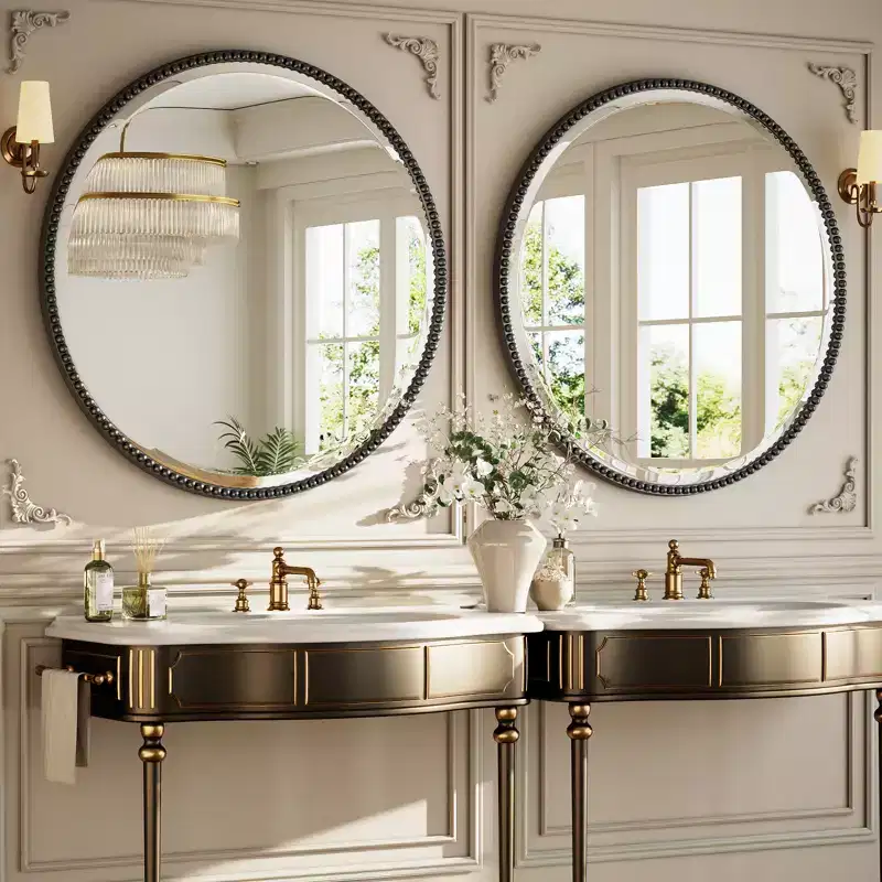 Beaded Round Wall Mirror - Decorative Vanity Bathroom Mirror with Resin Frame