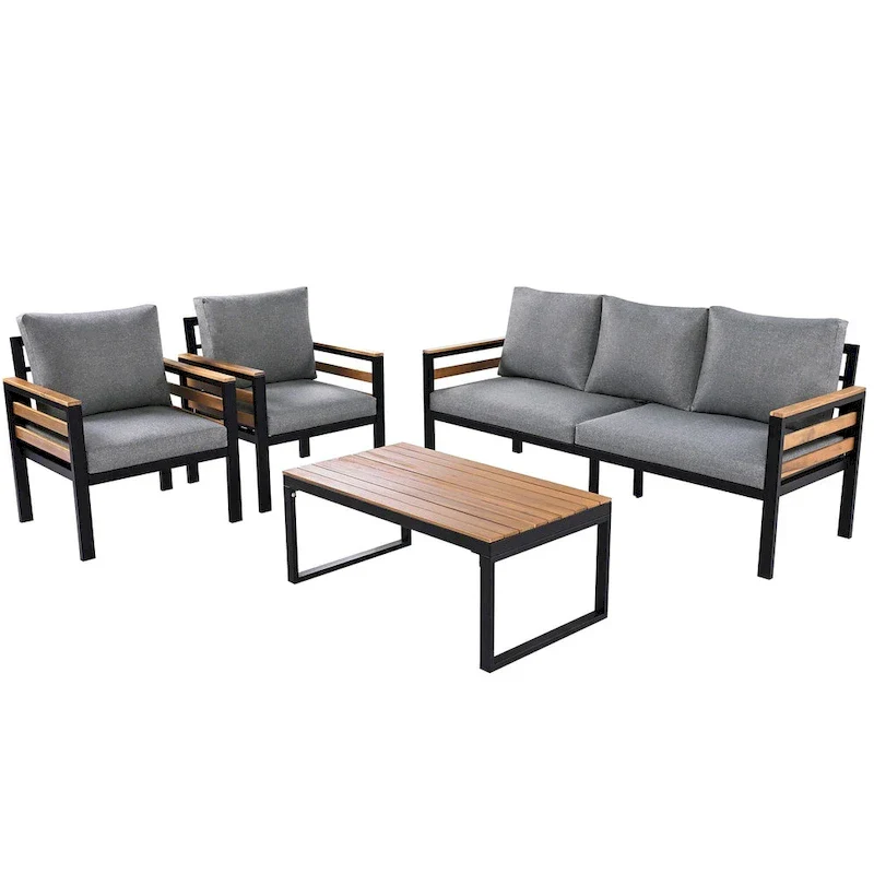 4-Piece Outdoor Sofa Set for 5 with Solid Wood Coffee Table and Removable Cushions