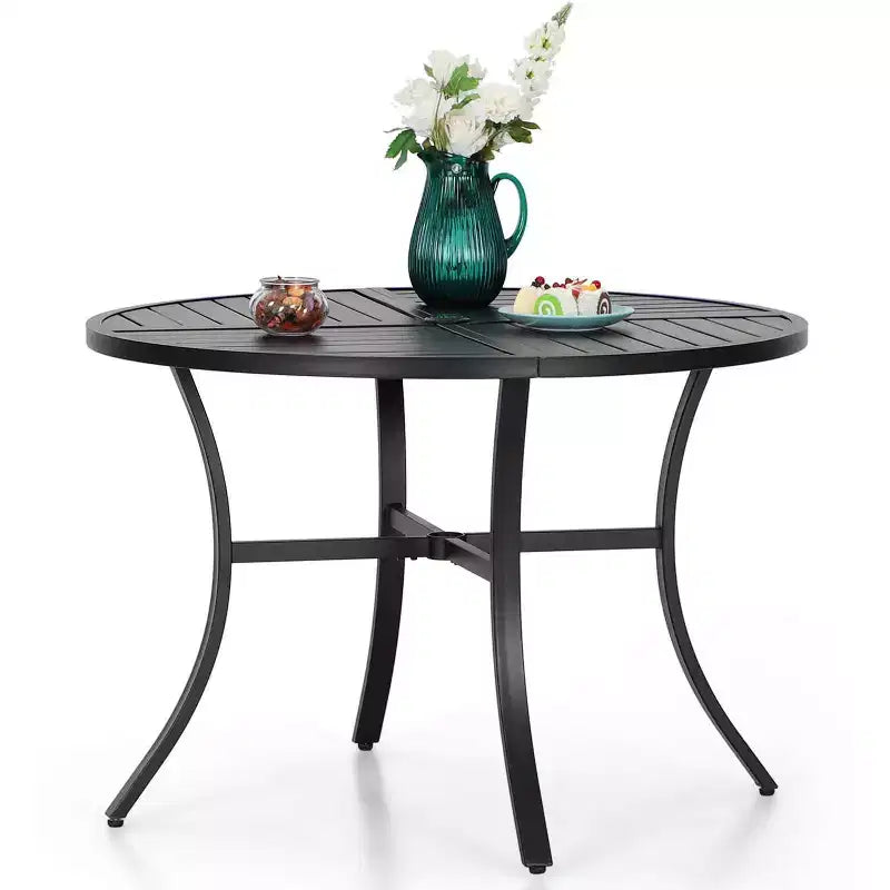 5pc Outdoor Dining Set with Metal Slat Round Table with Umbrella Hole - Captiva Designs: Stackable Chairs, Rust-Resistant
