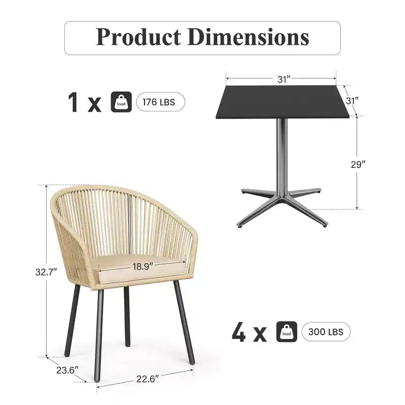 Captiva Designs 5pc Patio Dining Table with X-Shaped Legs & Woven Pull Cord Back with Seat Cushion