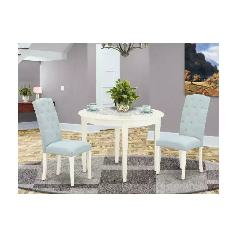 3Pc Dinette Set - Kitchen Table & 2 Chairs - Small Round Table - Linen White & Baby Blue