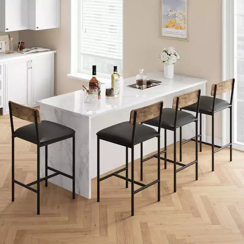 Bar Stools Set of 2, Kitchen Bar Stools with Footrest, 25.5 Inches Upholstered Bar Chairs with Back, 2 Counter Height Barstools for Counter Bar