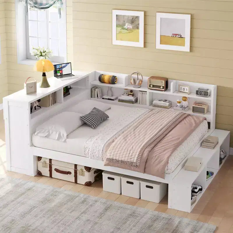Full Daybed Frame, Solid Wood Daybed with Storage Cabinets and Shoe Cabinet