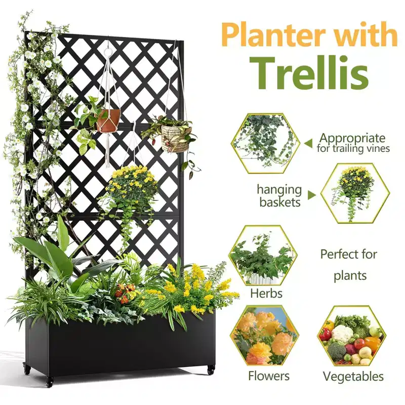 COZONY Raised Garden Bed with Trellis on Wheels, Mobile Metal Planter Box w/ Diamond Lattice, Outdoor for Climbing Plants, Patio