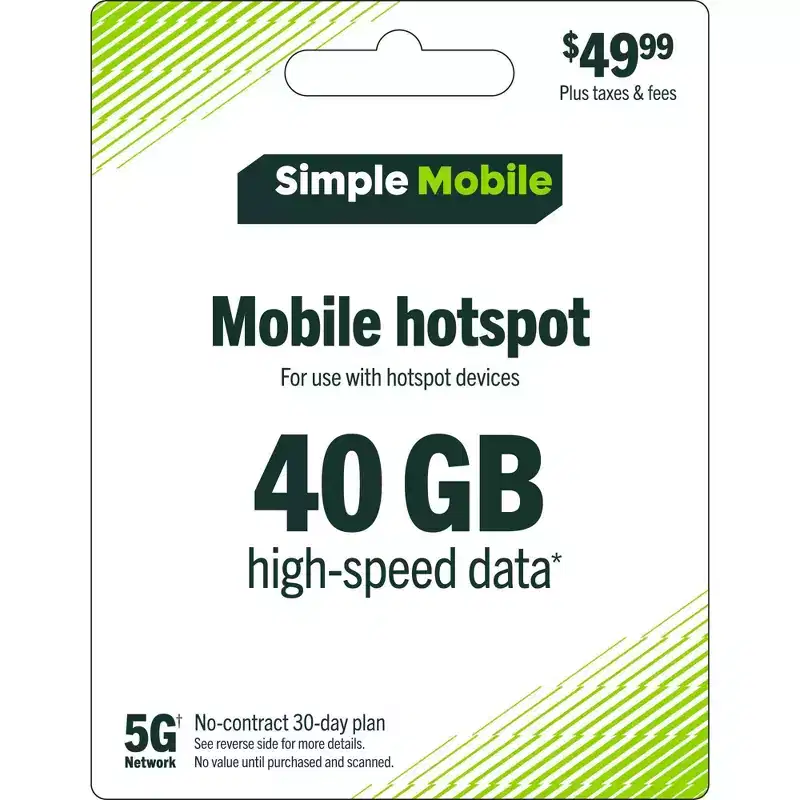 SIMPLE MOBILE Mobile Hotspot 40GB Data 30 Day Plan (EMAIL DELIVERY) - $49.99