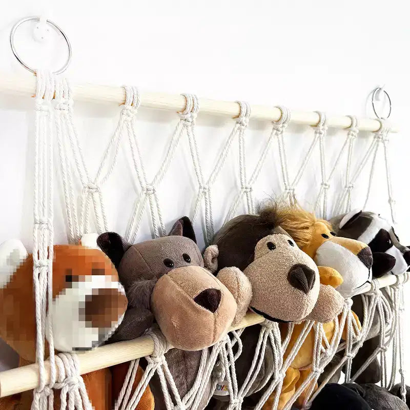 Stuffed Animal Storage Hammock Toy Hammock Net 2-layer Wood Plush Toys Holder Hanging Toy Organizer Wall Hanging Mesh Net for Nursery Play Room