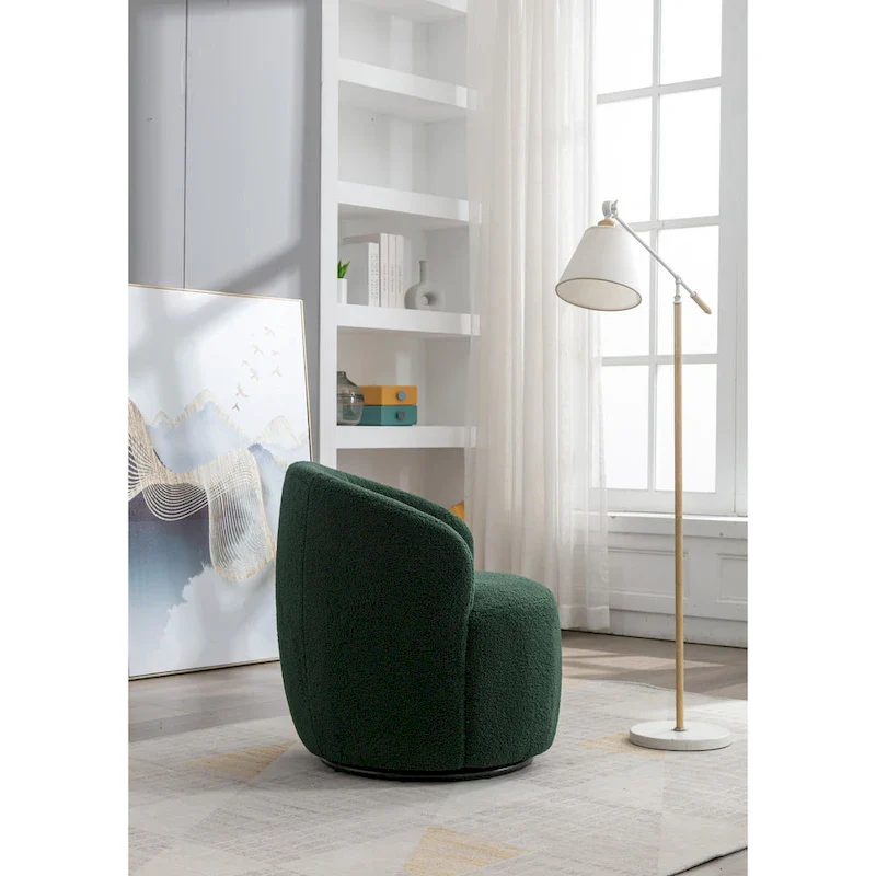 Green Chenille Swivel Barrel Chair with Metal Ring Base
