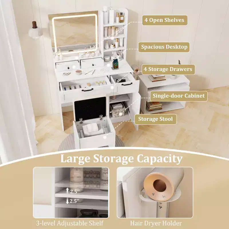 Costway Vanity Set w/Cushioned Stool Makeup Table w/Adjustable Lighting Mode Brightness
