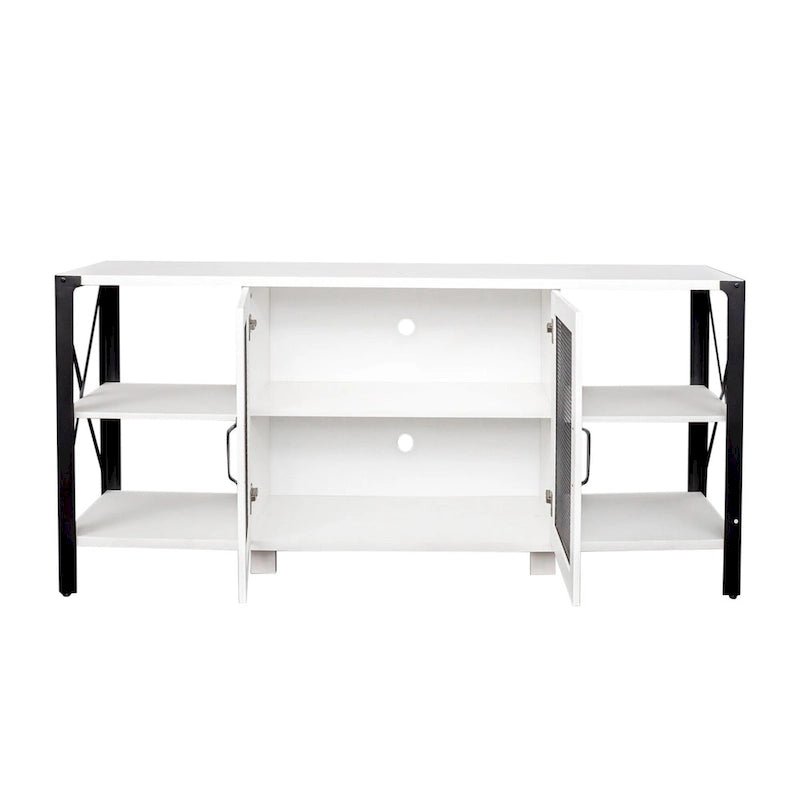 80-Inch Industrial TV Stand – Espresso / Walnut / White, Wood & Metal, Open Shelving with Mesh Door