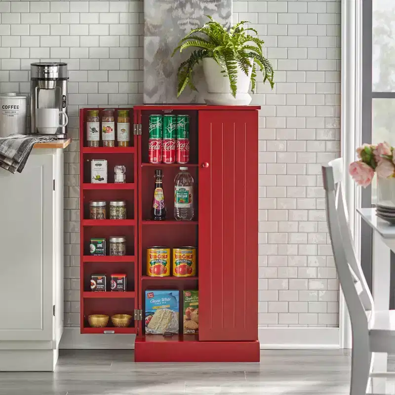 Buylateral Utility Pantry Red: Transitional Style, MDF Construction, 3 Adjustable Shelves, 10 Door Compartments