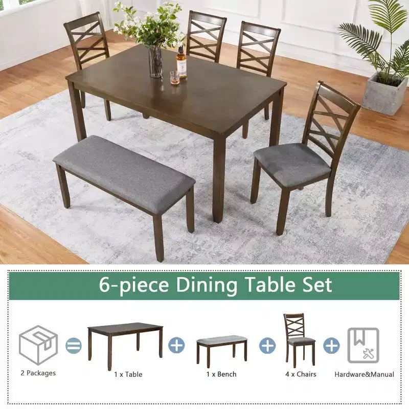MAYEERTY 6-Piece Dining Set for 6, Wooden Rectangular Table + 4 Upholstered Chairs & Bench, Gray