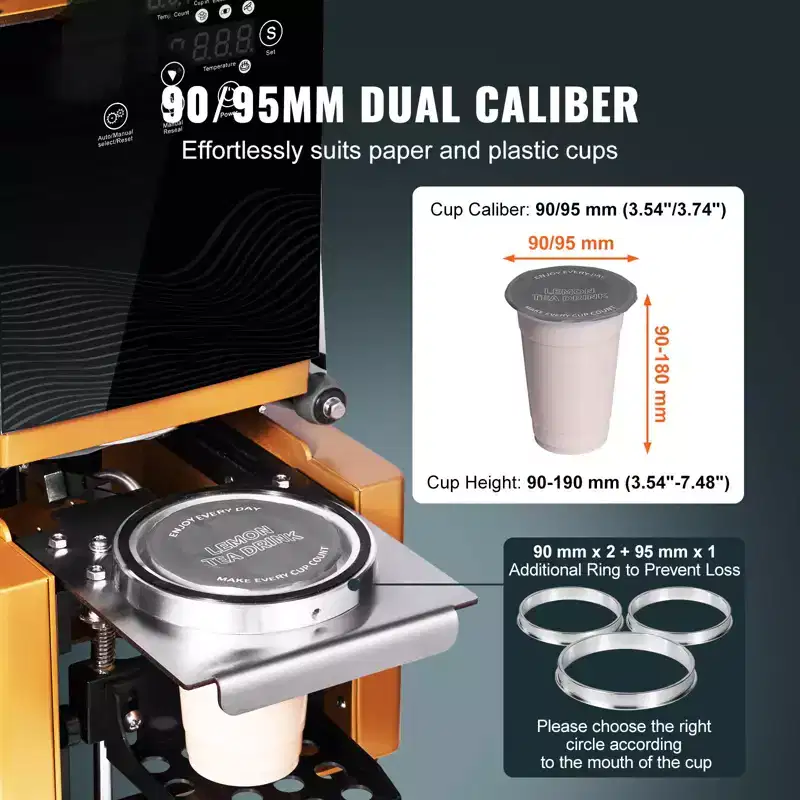 VEVOR Fully Automatic Cup Sealing Machine, 500-650 Cups/H, Cup Sealer Machine for 190 mm Tall & 90/95 mm Cup, with Digital Control LCD Panel, Gold