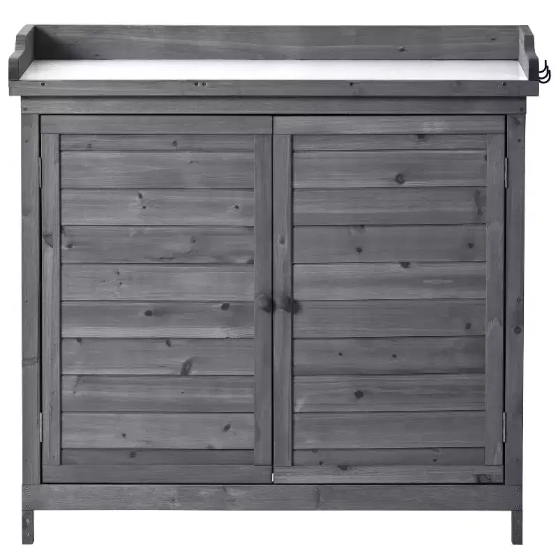 Outdoor Potting Bench with 2-Tier Shelves & Side Hooks, Galvanized Tabletop, Garden Workstation