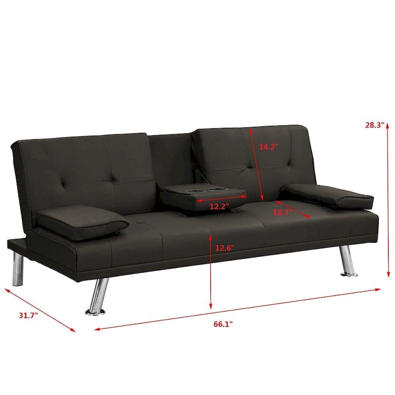 Convertible Sofa Bed – Black / Dark Brown, Faux Leather, 3-Position Recliner, Seats 2