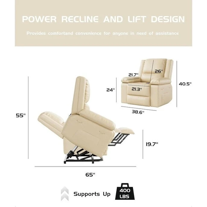 Faux Leather Power Lift Recliner, Heat & Massage, 1-Person �� Cognac / Coffee / Tan / Grey / Beige