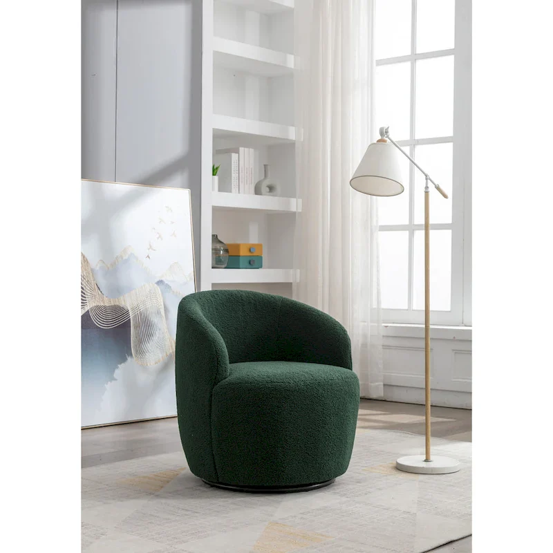 Green Chenille Swivel Barrel Chair with Metal Ring Base