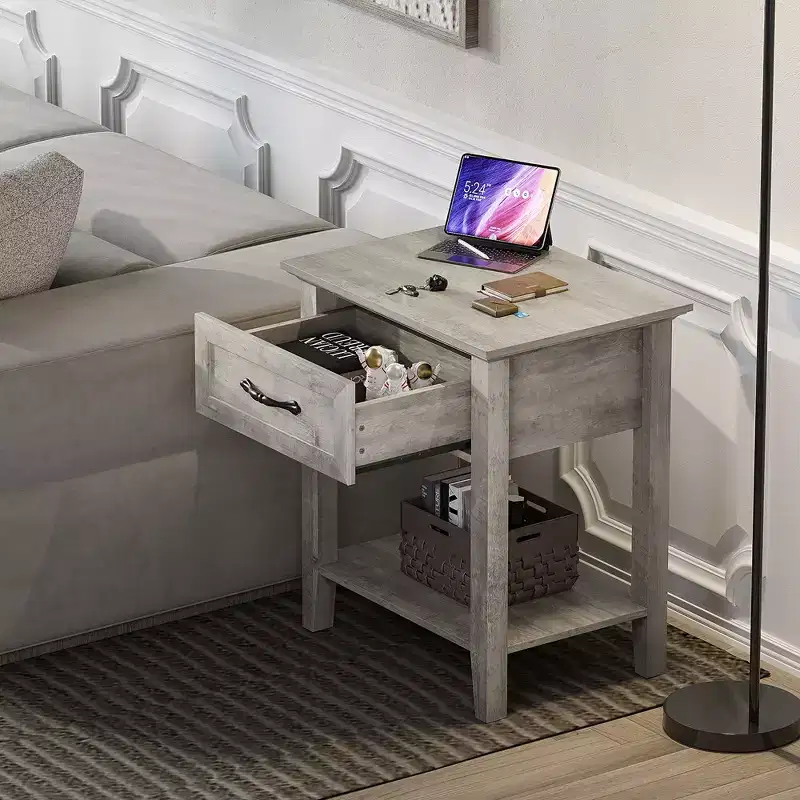 Garvee Modern Versatile Nightstand Beside End Table for Bedroom Nursery Living Room, End Table with Storage Drawer, Easy Assembly, Gray
