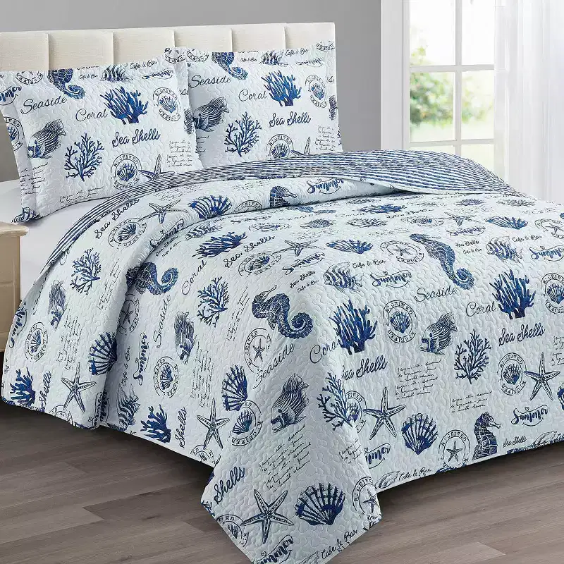 Egyptian Linens Seaside Sea Shells Quilt - Bedspread Set