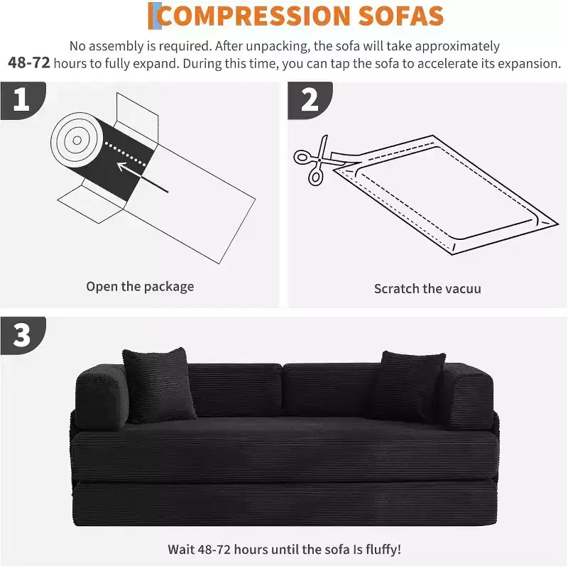 Convertible Couch, Folding Sofa Bed with 2 Pillows, Plush Corduroy Boneless Convertible Sofa, No Assembly Required for Living Room, Bedroom